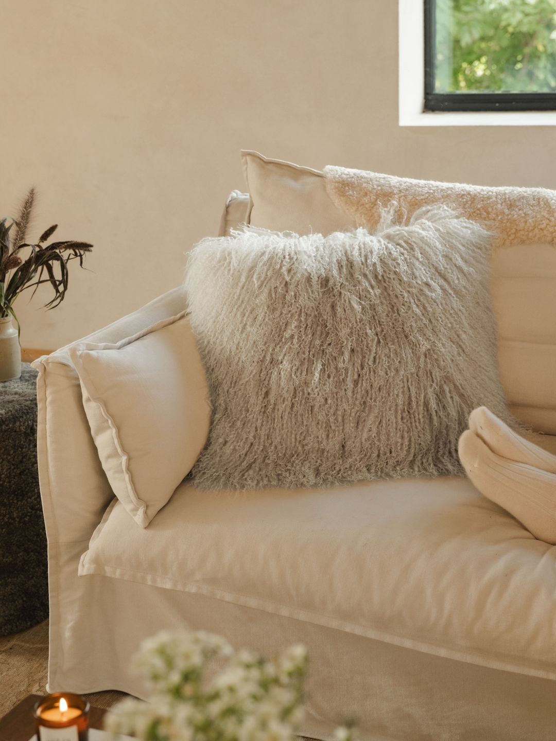 Tibetan Sheepskin Cushion - Birch – Hyde & Hare