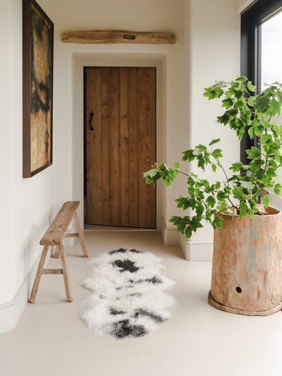 Nestled corner of a room with a wooden door, plant in a barrel, and bench with a sheepskin rug