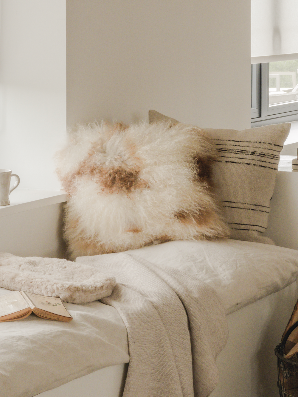 Tibetan Sheepskin Cushion - White & Brown